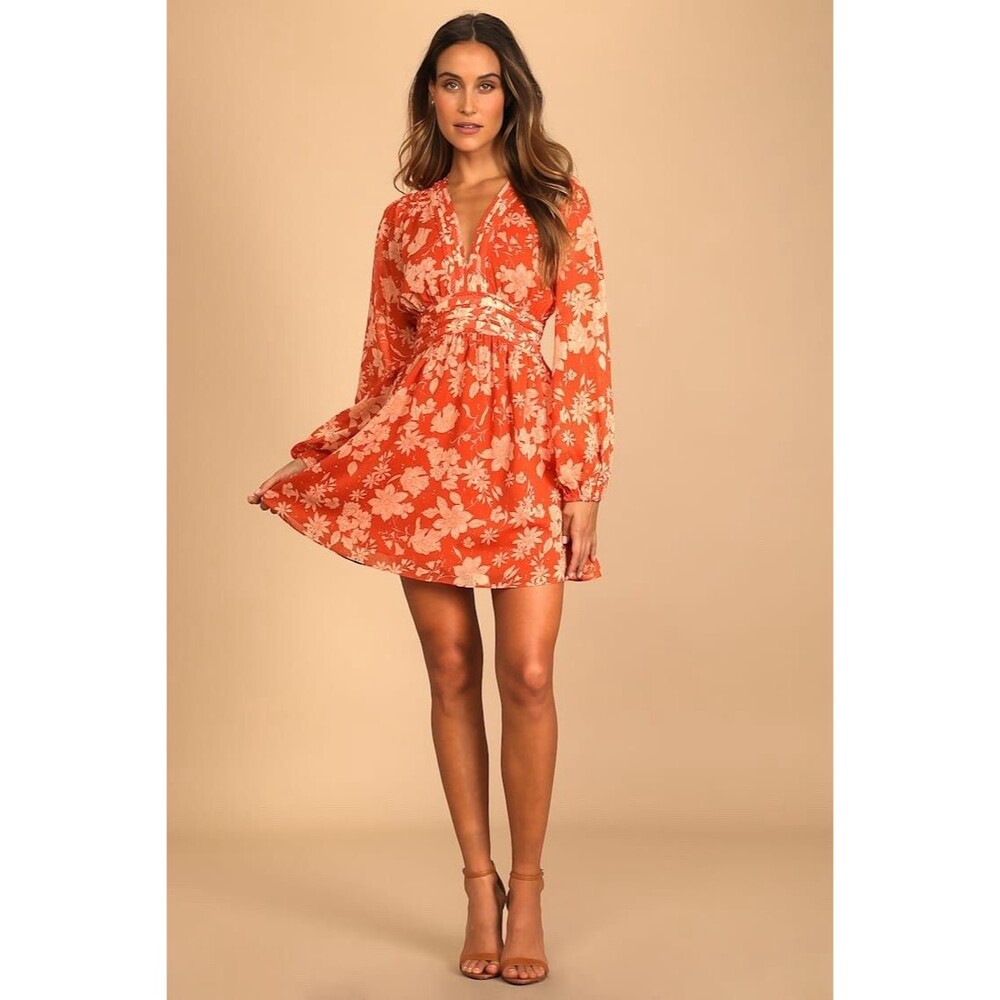 Lulus NWT Gleaming Garden Rust Orange Floral Print Long Sleeve Mini Dress M Boho
